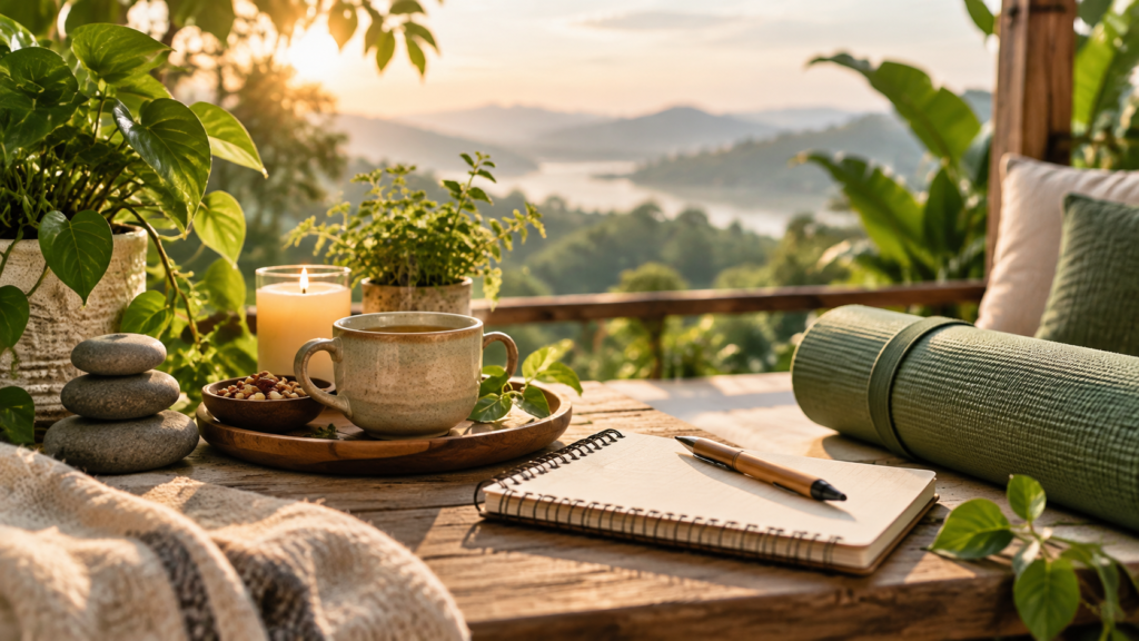 Peaceful wellness setting representing holistic living, mindfulness and balanced lifestyle education