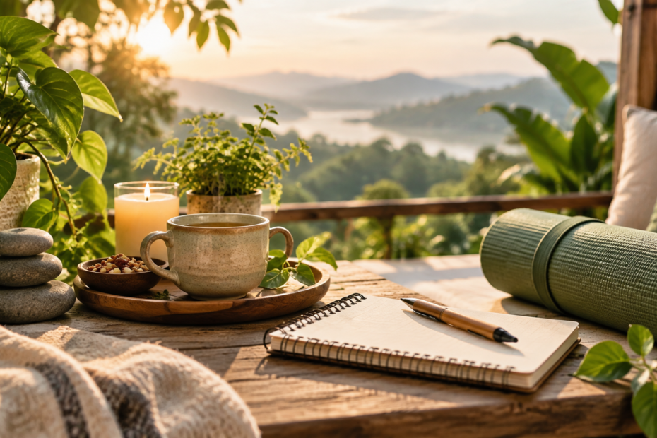 Peaceful wellness setting representing holistic living, mindfulness and balanced lifestyle education